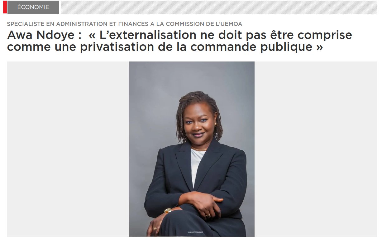Article du Soleil, rubrique Économie : « Awa Ndoye : L’externalisation ne doit pas être comprise comme une privatisation de la commande publique »